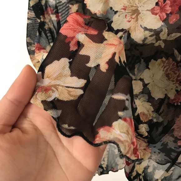 Black floral mesh see through sheer blouse skirt sleeve shirt - Picture 5 of 6